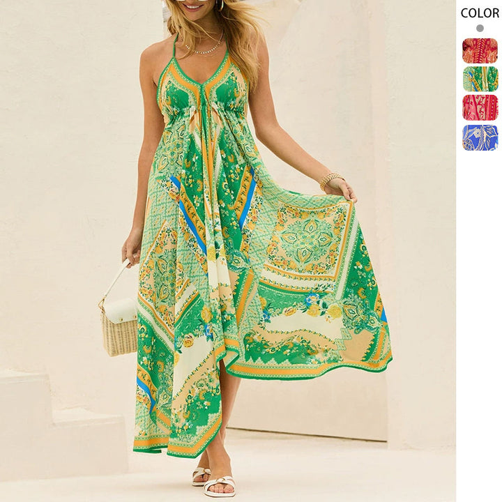 Robe maxi inspirée du boho pour femmes avec un élégant décolleté en V et un ourlet asymétrique Levoire