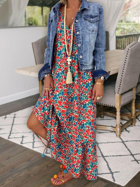 Levoire | Robe Longue Avec Décolleté En V Et Imprimé Bohème Rot