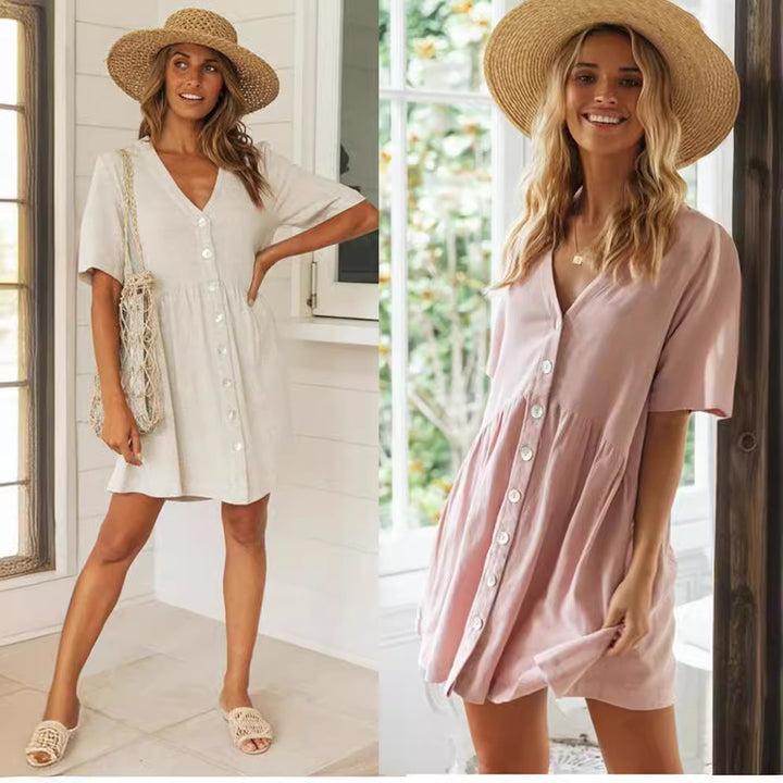 Robe d'été décontractée pour femmes avec détail de bouton et jupe volumineuse Levoire