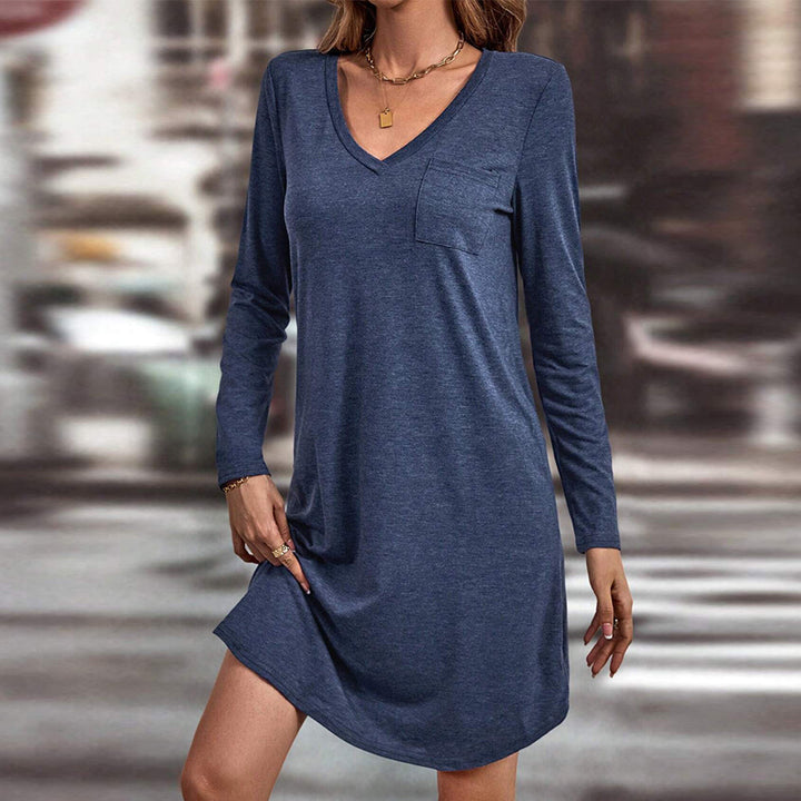 Robe décontractée pour femmes à col en V avec manches longues et poches Levoire