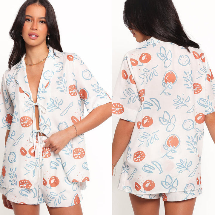 Ensemble décontracté pour femmes avec blouse courte et shorts au design fruité Levoire