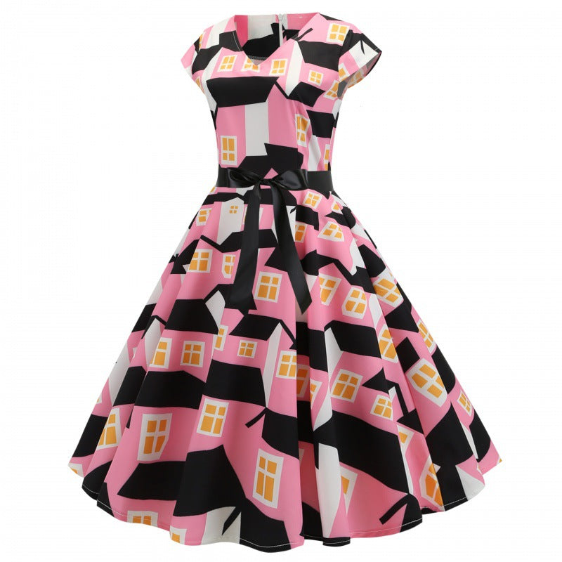 Robe swing femme avec imprimé maison et une ceinture étroite à la taille Levoire
