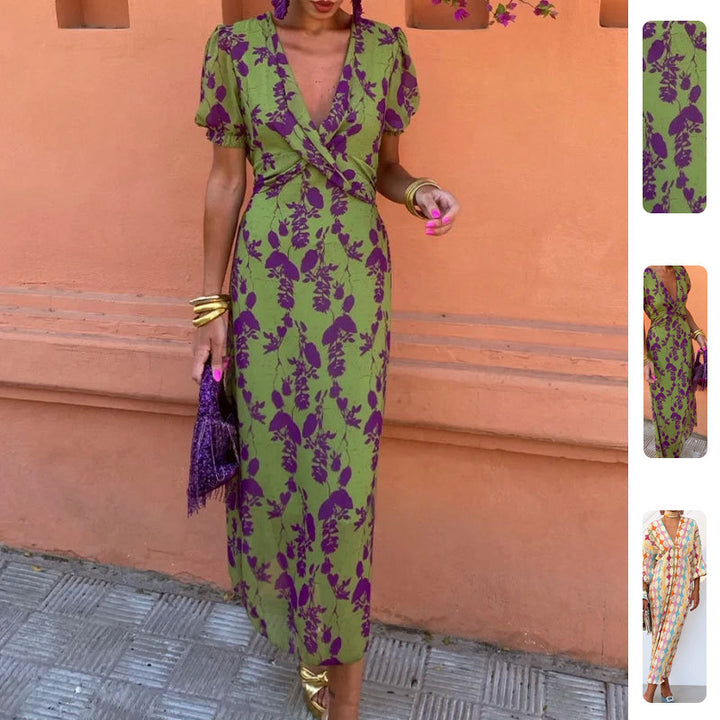 Robe maxi pour femmes avec décolleté en V profond et motif diamant artistique Levoire