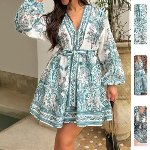 Robe enveloppante à manches longues et ceinture de taille en motif paisley vert émeraude pour femmes Levoire