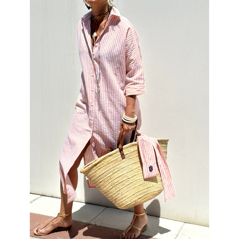 Levoire | Robe chemise courte à col pour l'automne Rosa Rayures