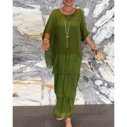 Levoire | Élégante Robe Longue à Manches Batwing et Col Ronde pour Femme Vert