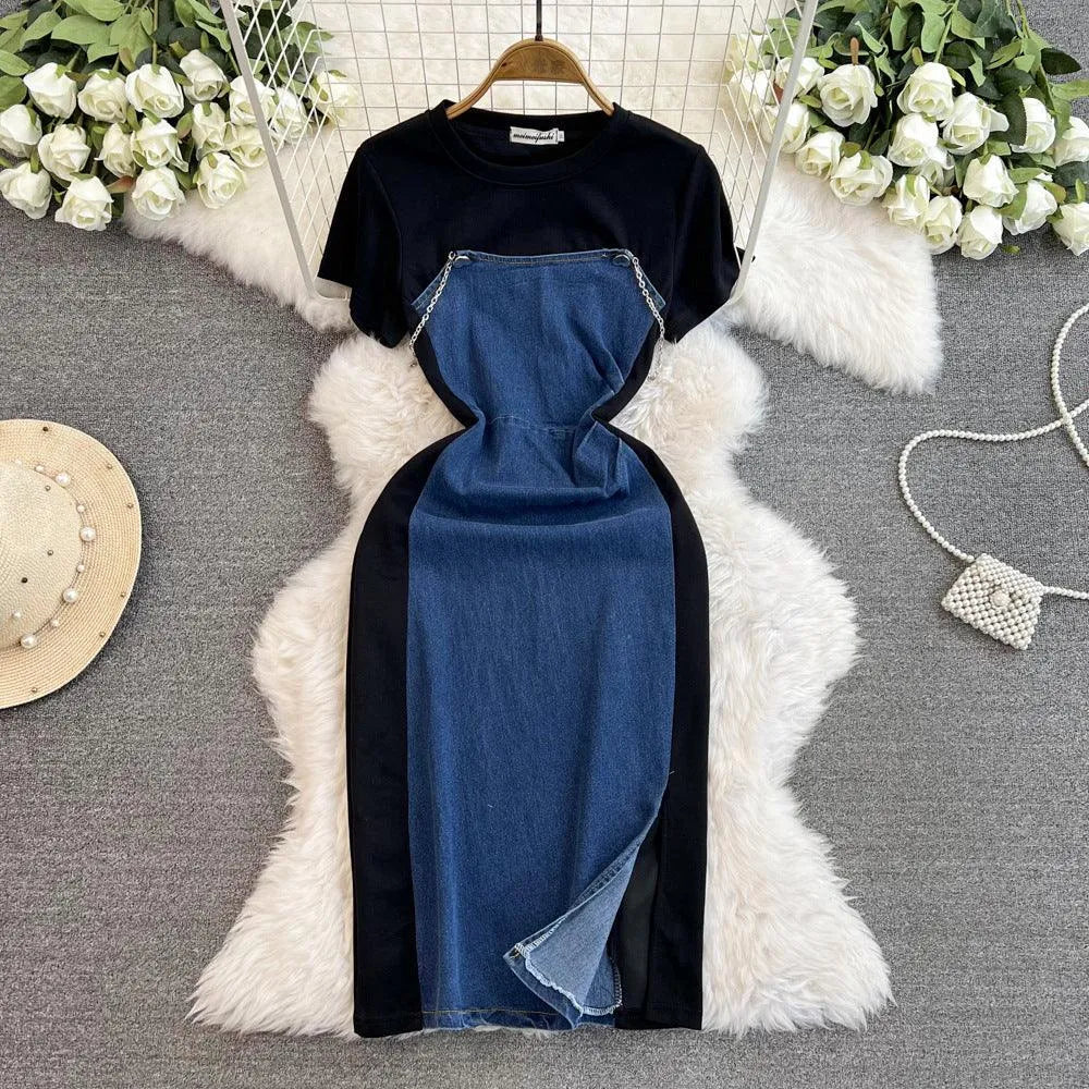 Levoire | Robe en jean effet patchwork pour femmes Noir et bleu