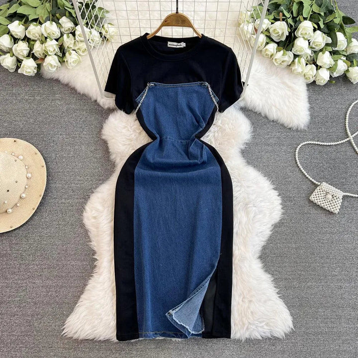 Levoire | Robe en jean effet patchwork pour femmes Noir et bleu