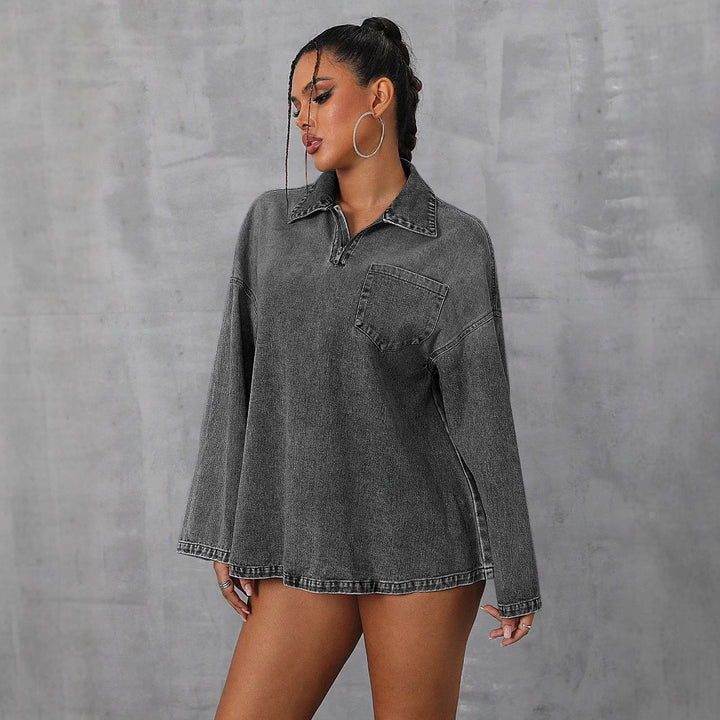 Blouse en denim surdimensionnée pour femmes avec fermeture éclair pratique et col décontracté Levoire