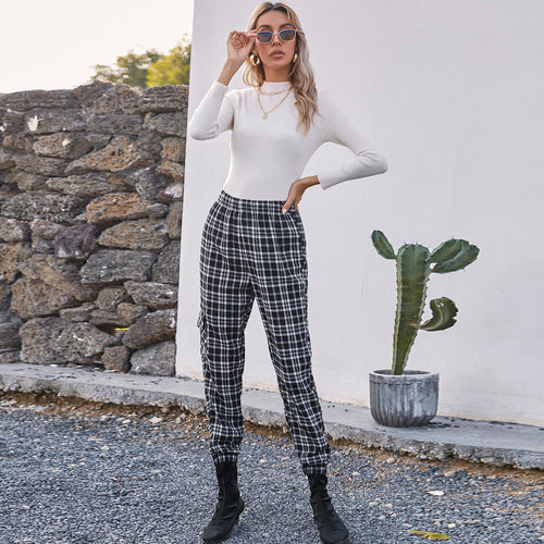 Pantalons à carreaux décontractés pour femmes avec taille élastique et poches latérales pratiques Levoire