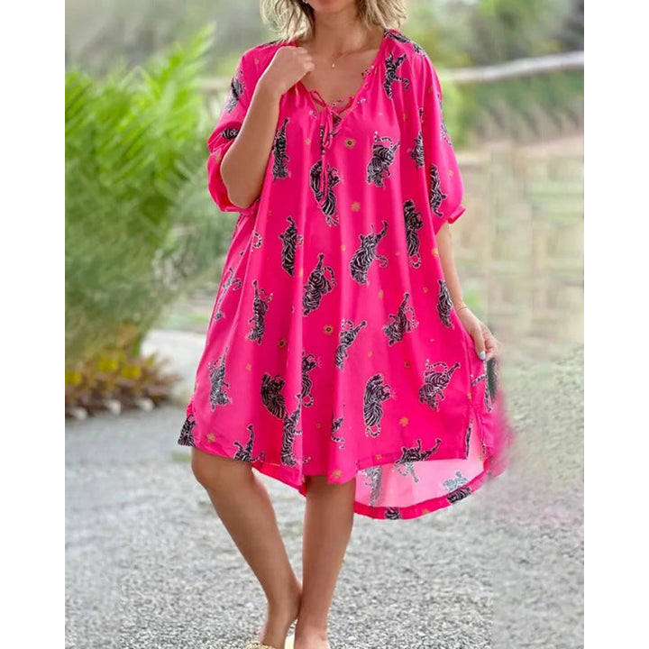Levoire | Robe plus décolleté en V à manches courtes Robe imprimée Magenta