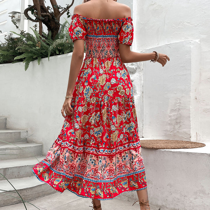 Robe Maxi Femme à Épaules Dénudées avec Imprimés Floraux et Ceinture Élastique Levoire