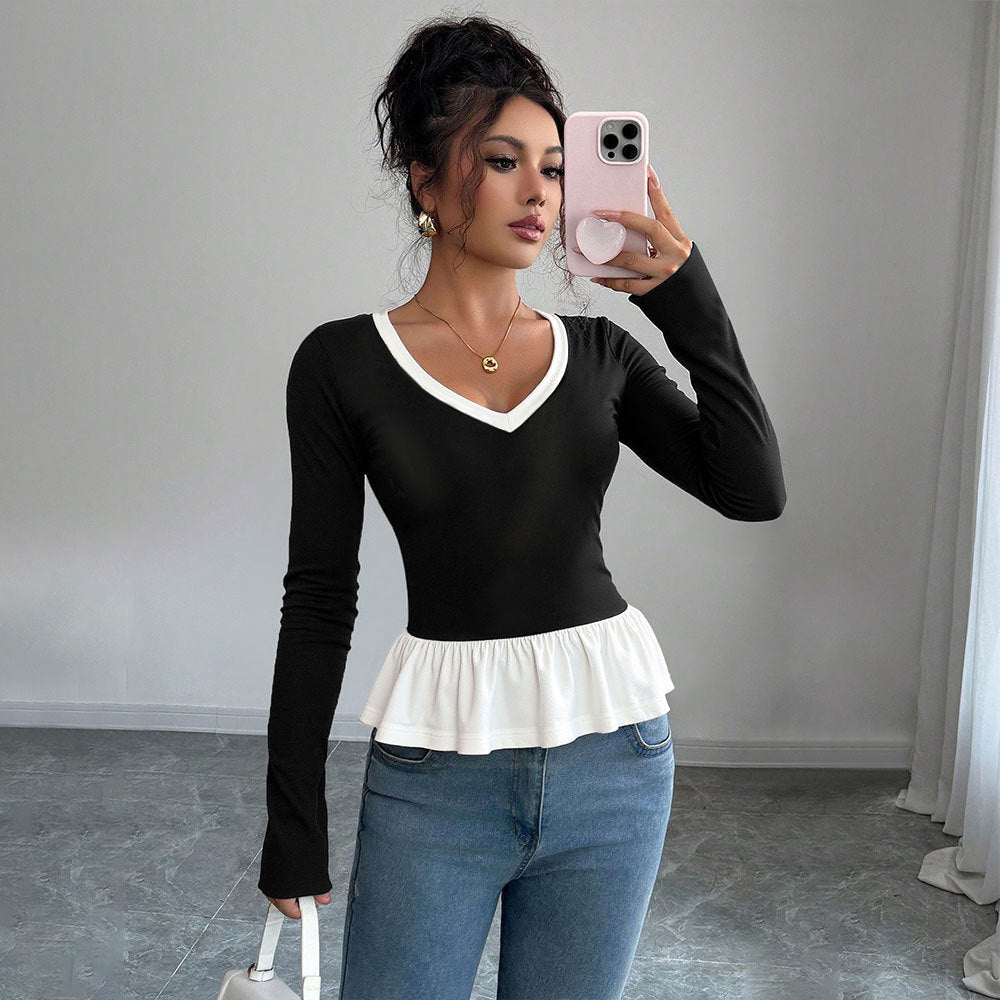 Chemise à manches longues pour femmes avec ourlet volanté et décolleté en V profond Levoire