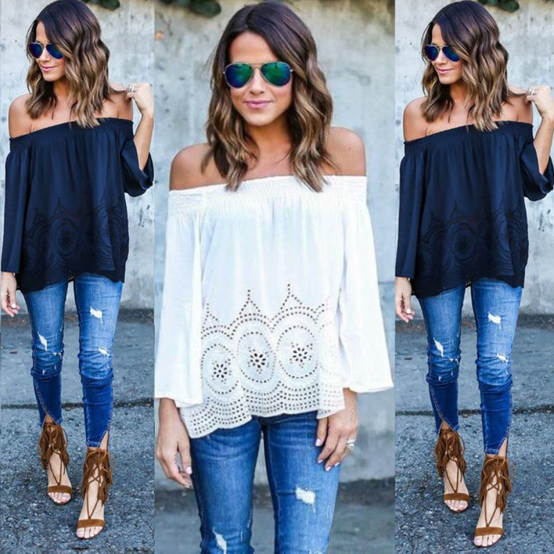Blouse femme à épaules dénudées avec manches volumineuses et motif de crochet délicat Levoire