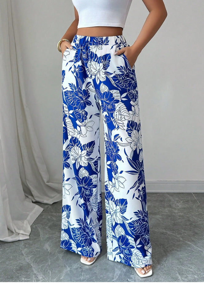 Pantalons palazzo taille haute pour femmes avec motif floral et poches latérales Levoire