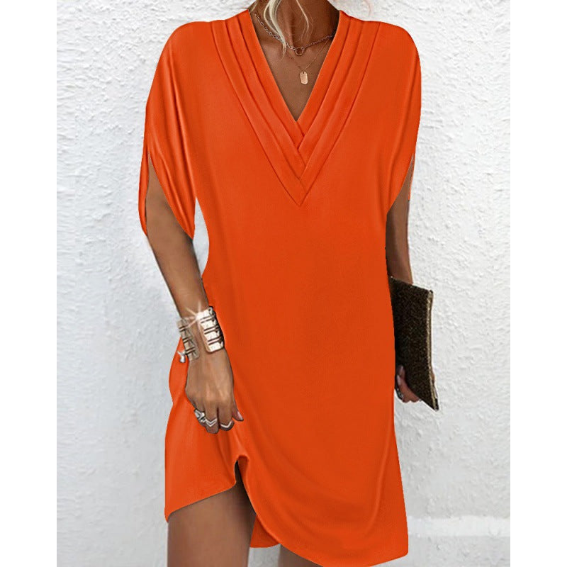 Levoire | Robe à manches chauve-souris décolleté en V Plissé Robe à manches chauve-souris Orange
