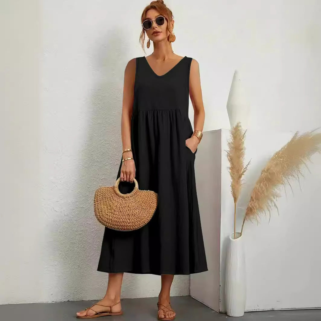 Levoire | Élégant été unicolore sans manches à poches robe V neck noir