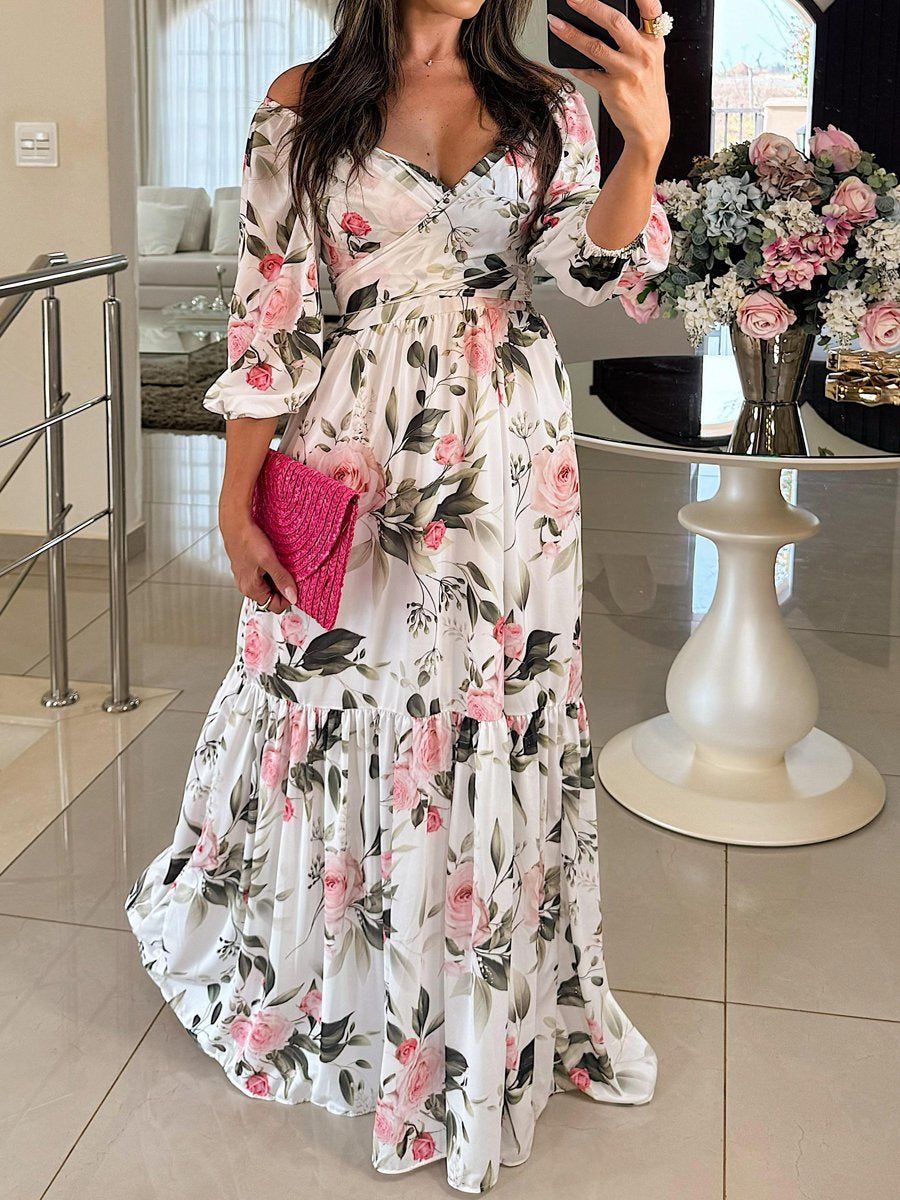 Robe maxi florale pour femmes avec design décolleté et ourlet à volants Levoire