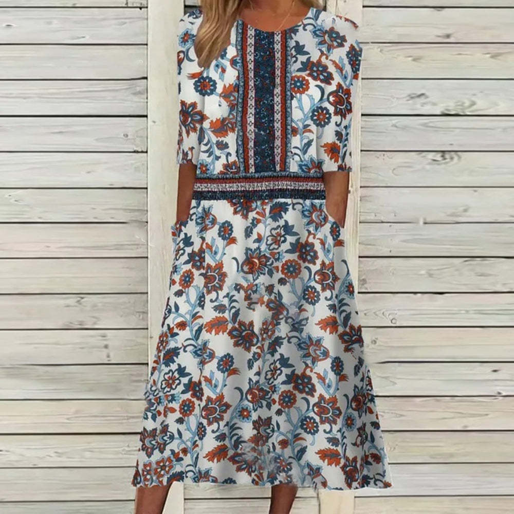 Levoire | Robe à imprimé rentouksinen à col rond à manches courtes avec poches 4#Fleurs