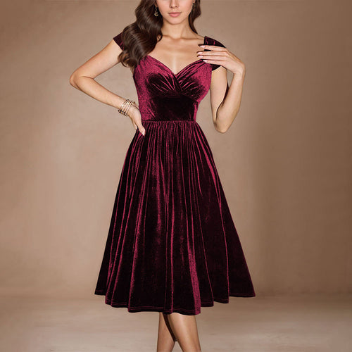 Robe midi femme en velours luxueux avec décolleté en V profond et coupe élégante Levoire