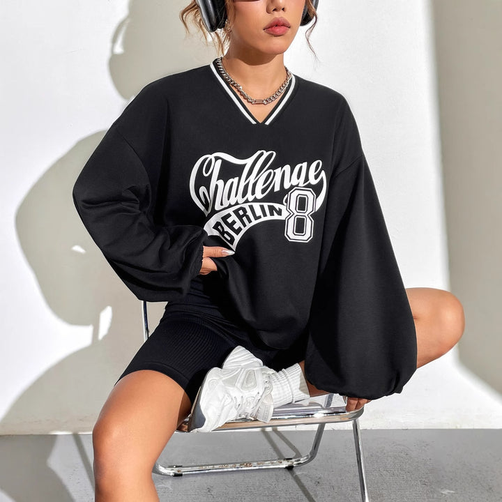 Sweat-shirt décontracté oversize pour femmes avec décolleté en V et imprimé graphique Levoire