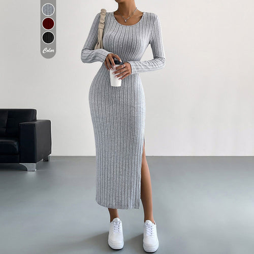 Robe maxi en maille pour femme avec manches longues et fente latérale Levoire