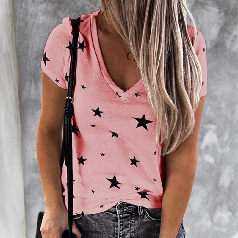 T-shirt femme à col en V avec motif étoile et coupe décontractée Levoire