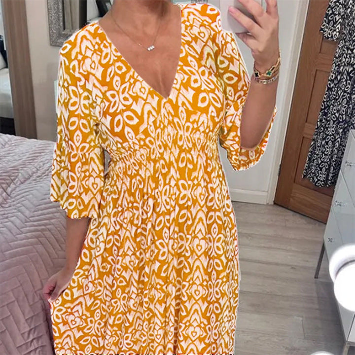 Levoire | Chic Ylihankintakoko V-découpe Robe de plage Florale Décontractée Jaune Imprimé Stretch Quatre Directions