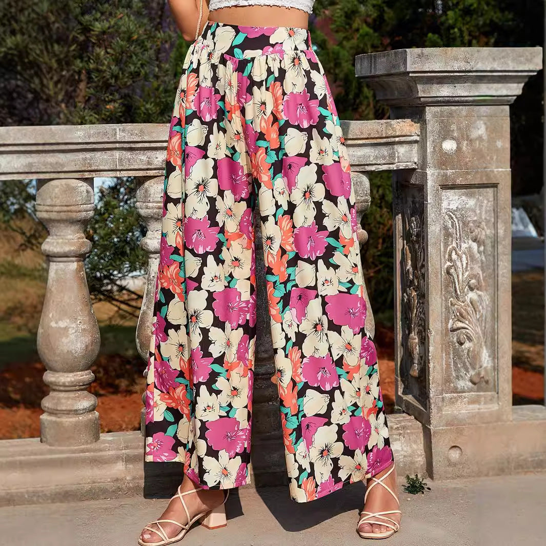 Pantalons palazzo légers pour femmes avec motif floral coloré et taille élastique Levoire