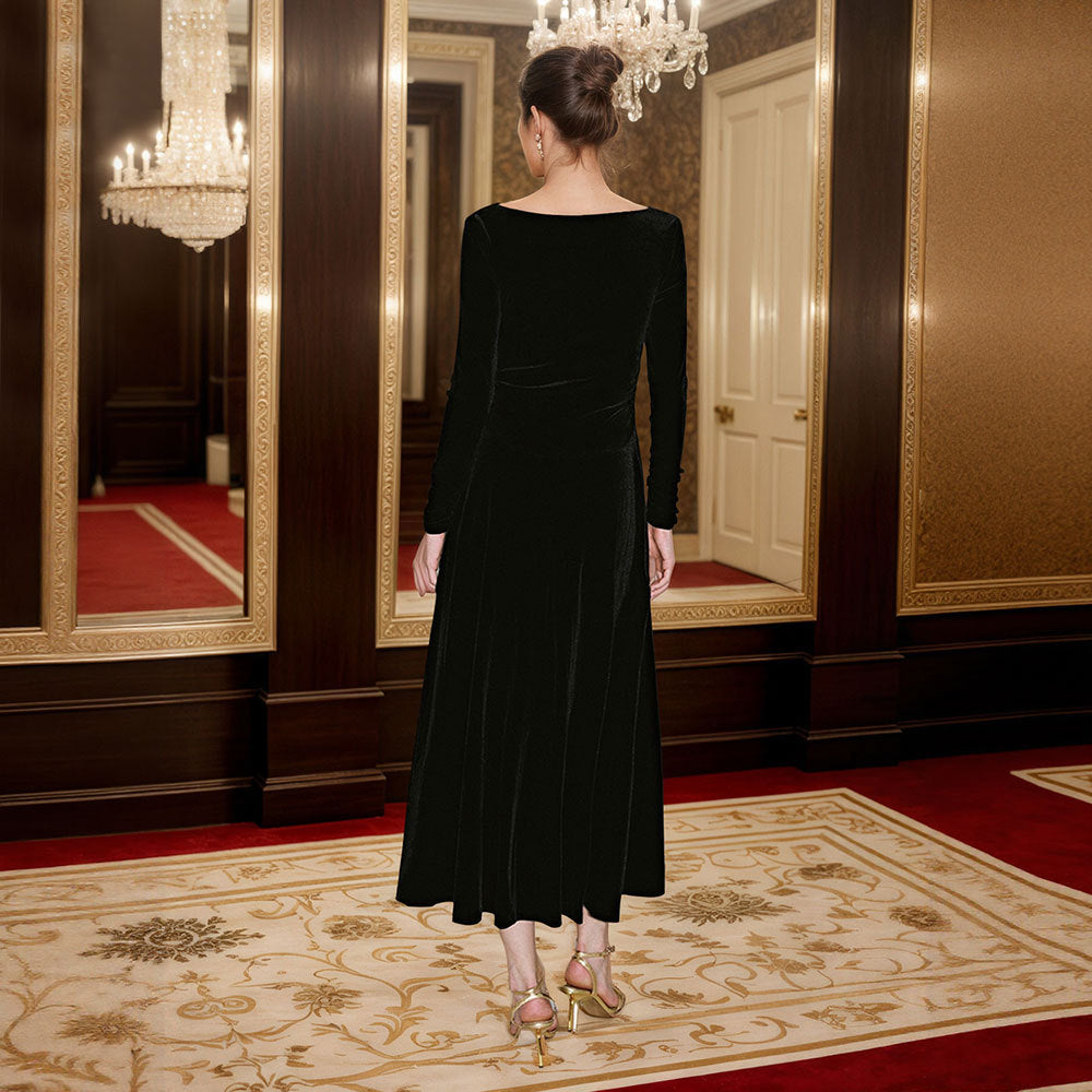 Robe maxi élégante pour femmes avec encolure drapée flatteuse et manches longues Levoire