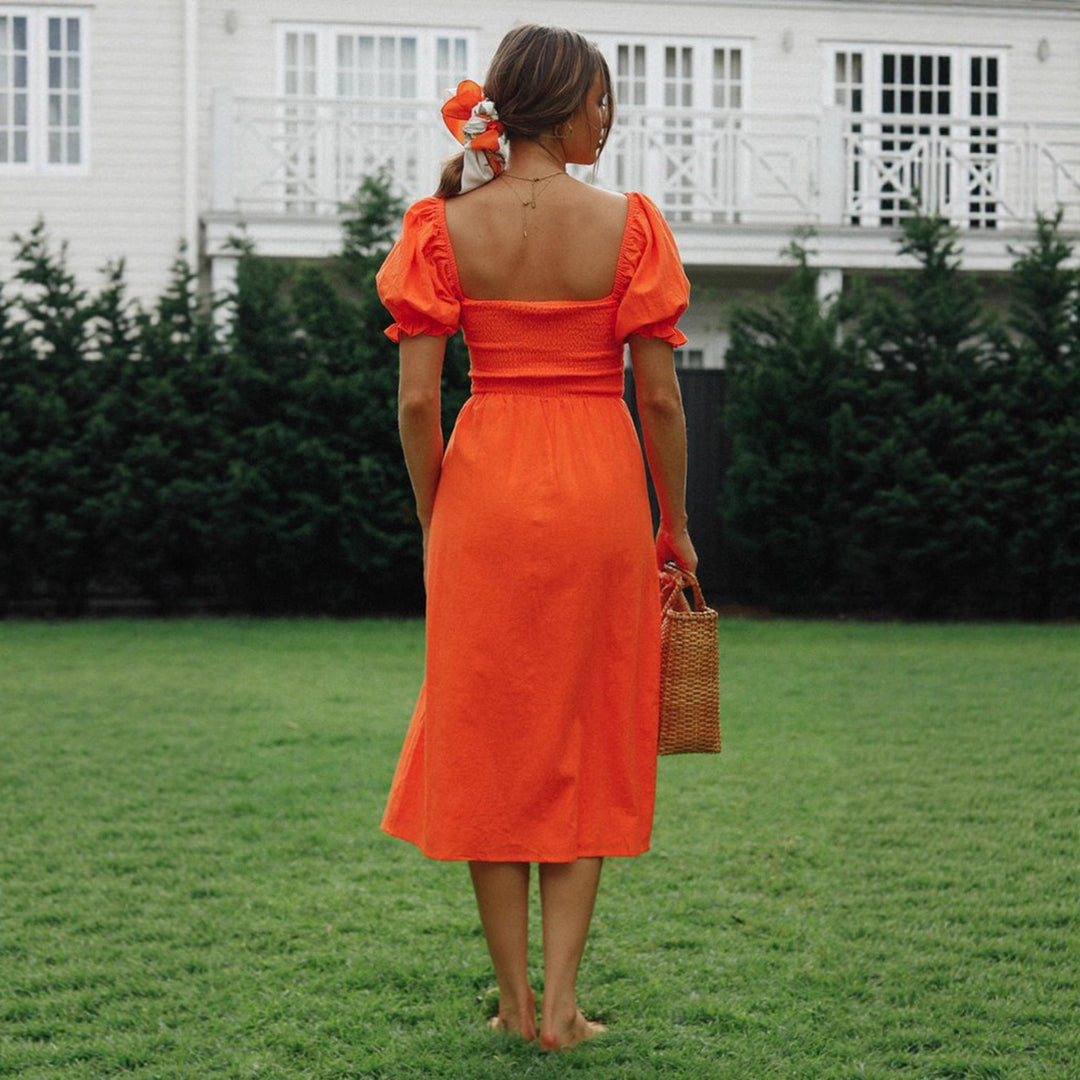 Robe midi femme avec manches bouffantes et fente latérale Levoire