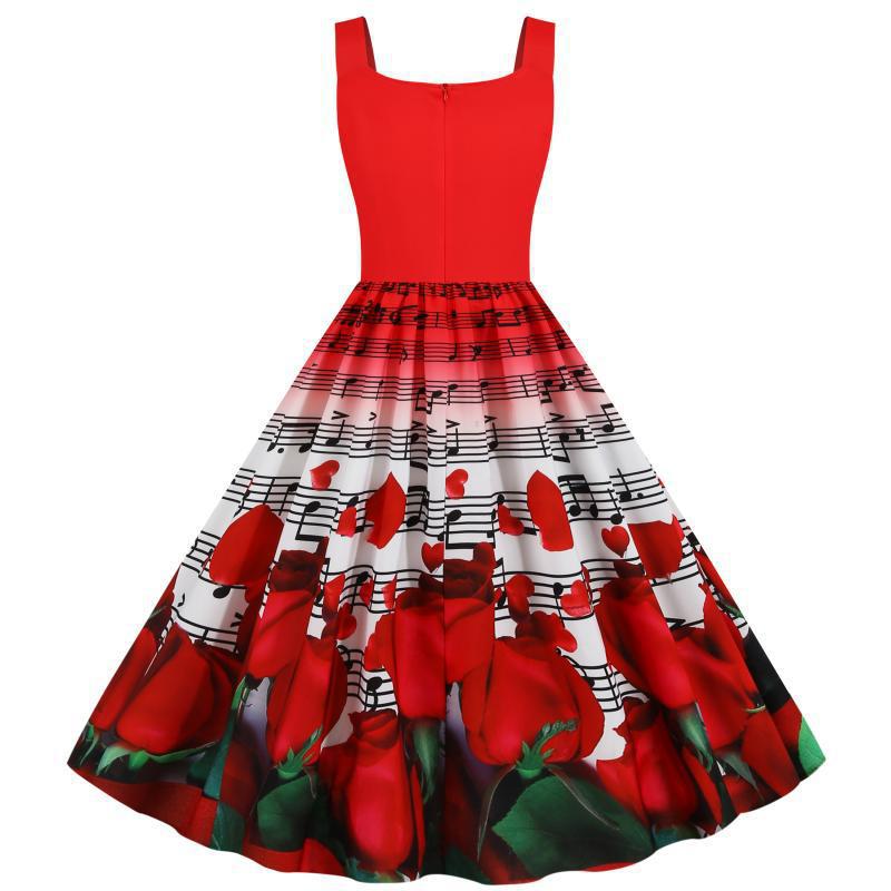 Robe swing pour femmes avec motif de rose musicale et jupe évasée Levoire