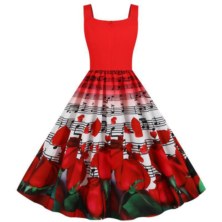 Robe swing pour femmes avec motif de rose musicale et jupe évasée Levoire