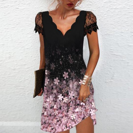 Levoire | Trendik Print Aaltov V-cou Petit Manche Courte Robe Rosa