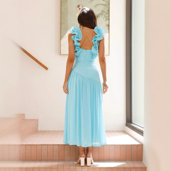 Robe maxi fluide pour femme avec volants volumineux et décolleté en V Levoire