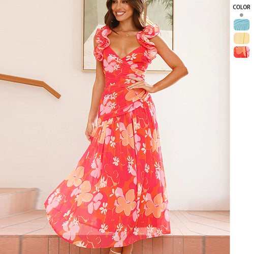 Robe maxi fluide pour femme avec volants volumineux et décolleté en V Levoire