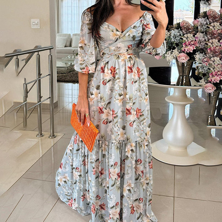 Robe maxi florale pour femmes avec design décolleté et ourlet à volants Levoire