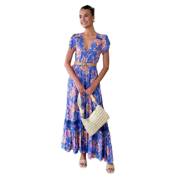 Robe maxi pour femmes avec motif floral et décolleté en V profond Levoire