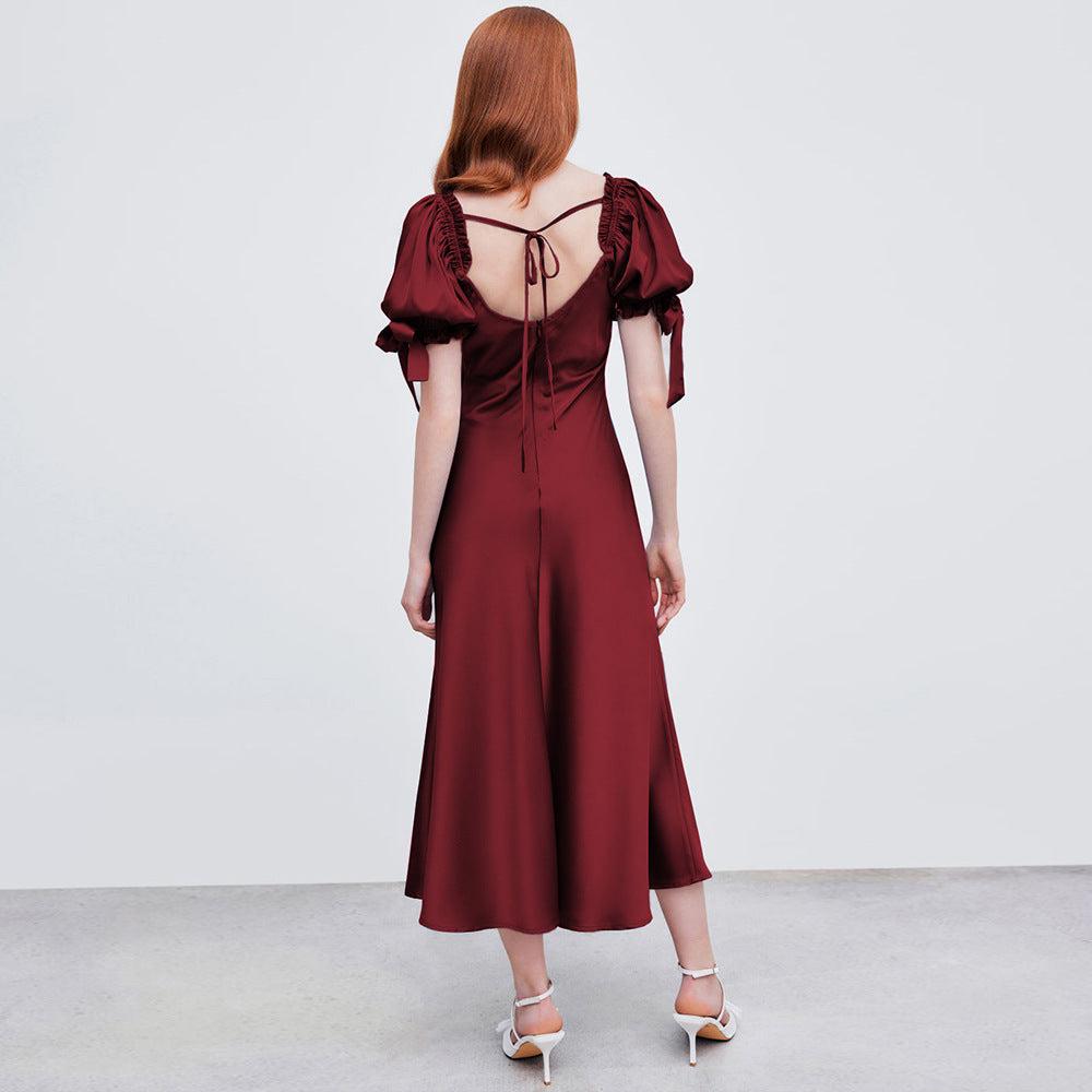 Robe midi pour femmes avec des manches bouffantes élégantes et un décolleté en V chic Levoire