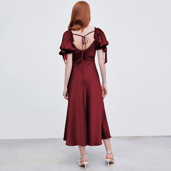 Robe midi pour femmes avec des manches bouffantes élégantes et un décolleté en V chic Levoire