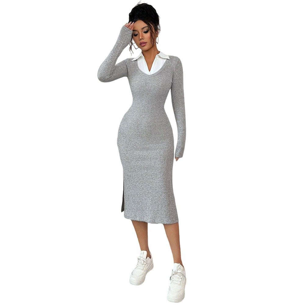 Robe longue ajustée à manches longues pour femmes avec col polo tendance et fente latérale Levoire