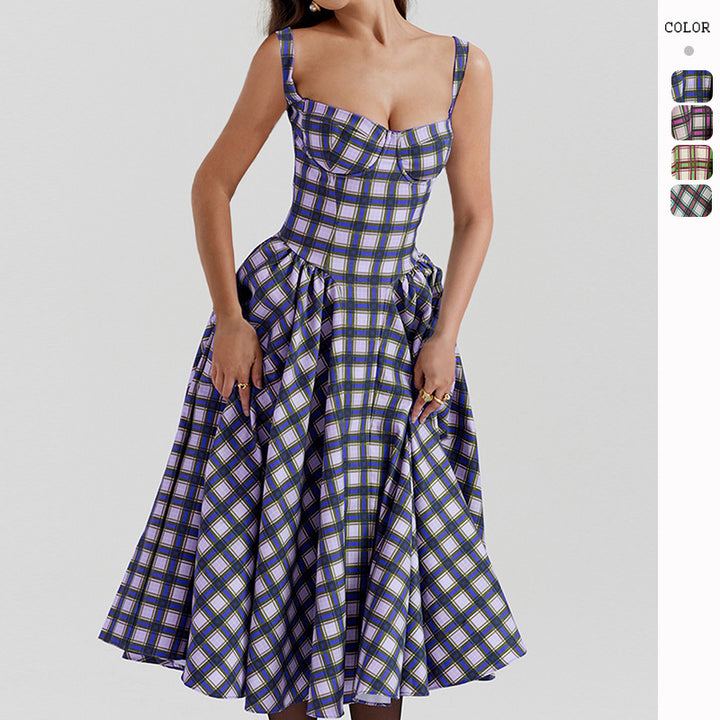 Robe midi décontractée pour femme avec un design à carreaux et décolleté profond Levoire