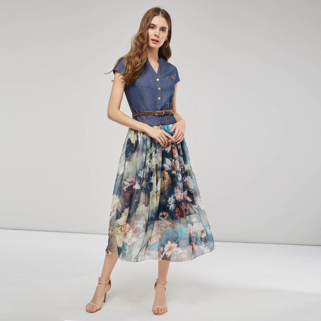 Levoire | Robe midi sans manches à imprimé patchwork élégant Bleu