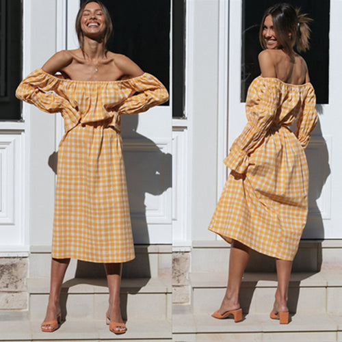 Robe midi femme à épaules dénudées avec motif à carreaux et taille élastique Levoire