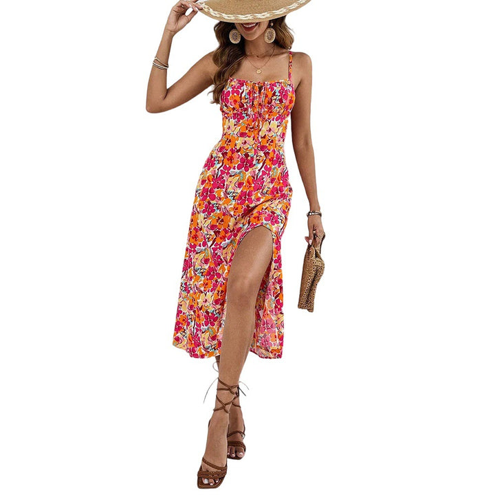 Robe midi florale pour femmes avec fente latérale et bretelles spaghetti Levoire