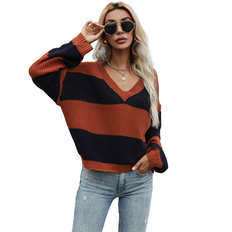 Pull en tricot surdimensionné pour femme avec encolure en V et rayures bloquées Levoire