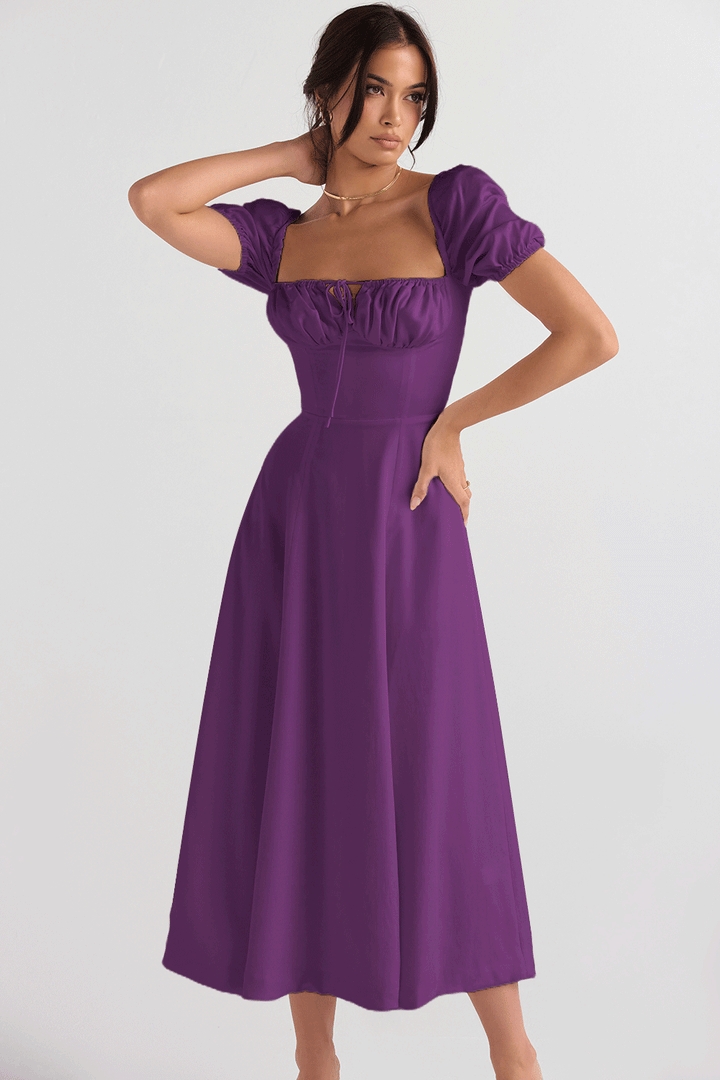 Robe Midi Élégante Femme avec Manches Bouffantes et Encolure Raffinée Levoire