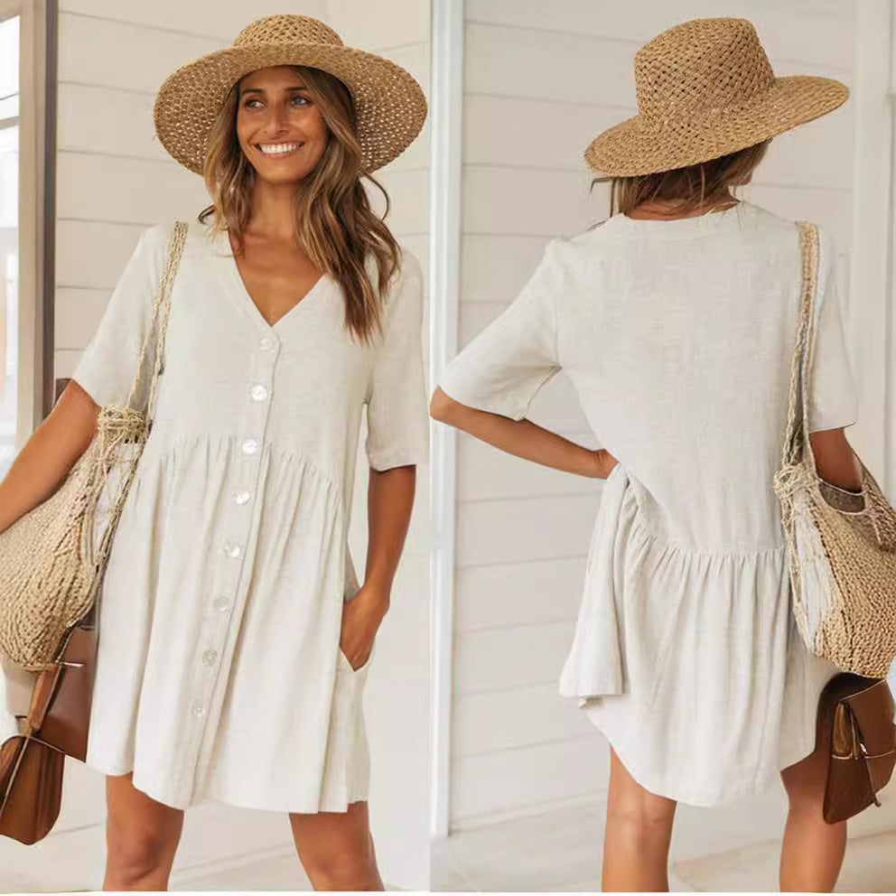 Robe d'été décontractée pour femmes avec détail de bouton et jupe volumineuse Levoire