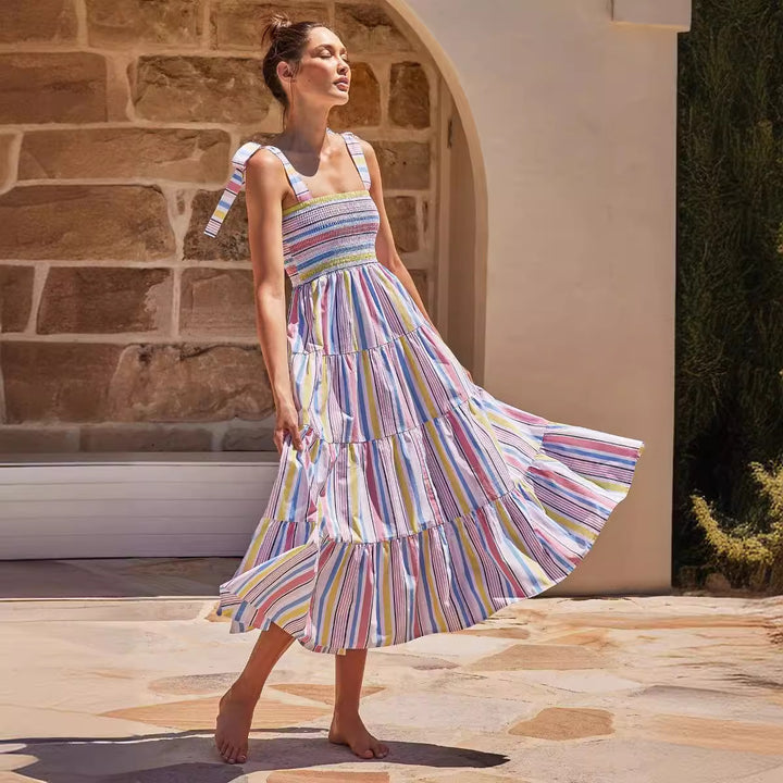 Robe maxi aérienne pour femme avec haut élastique et volants rayés Levoire