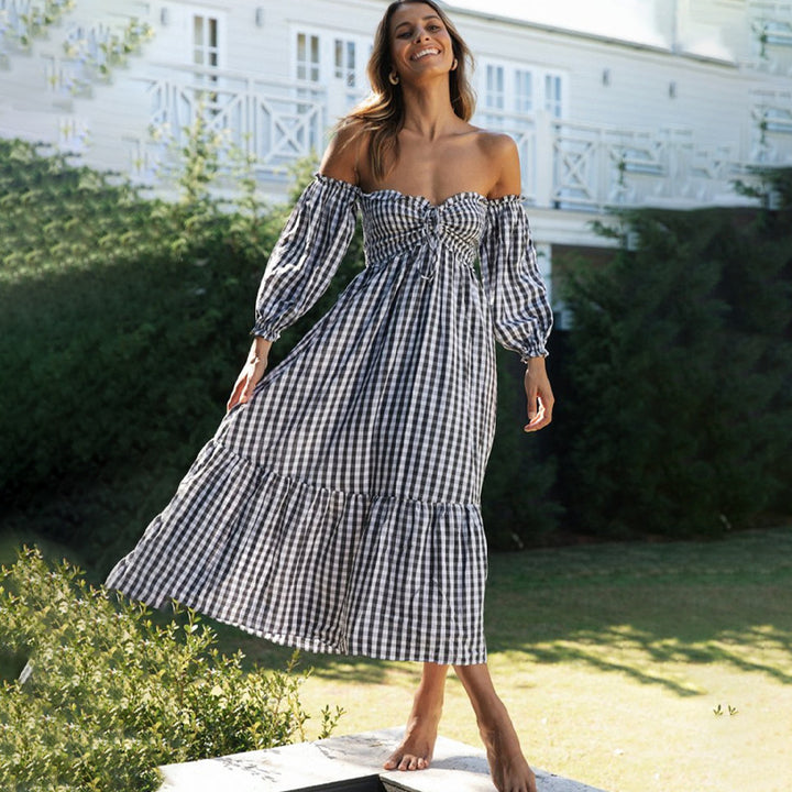 Robe Midi Femme avec Manches Bouffantes et Motif Carreaux Levoire